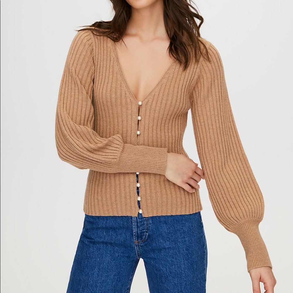 Aritzia Wilfred Pearl Cardigan in Camel